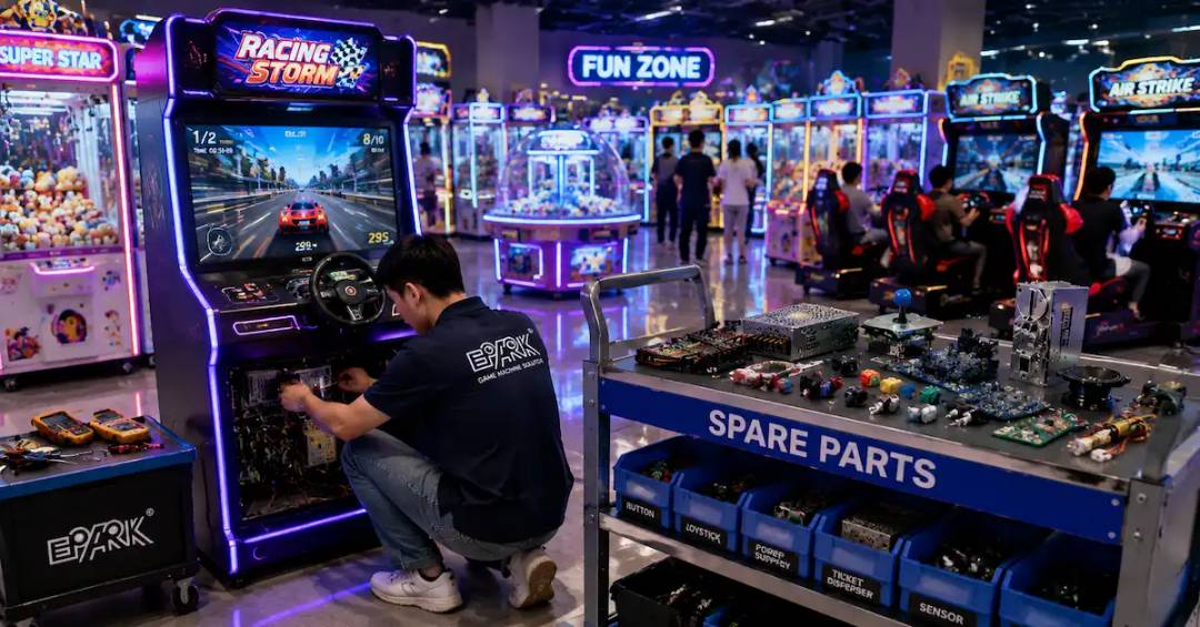 Arcade machine spare parts support scene