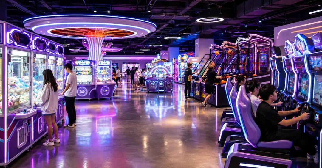 Wide view of branded neon arcade hall