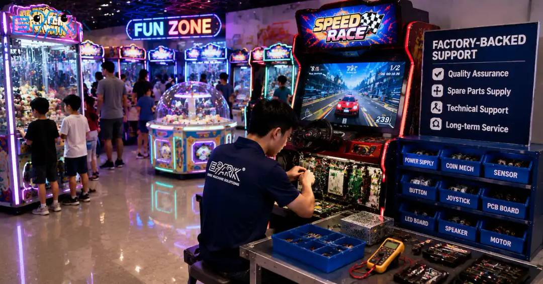 Factory-backed game machine support scene