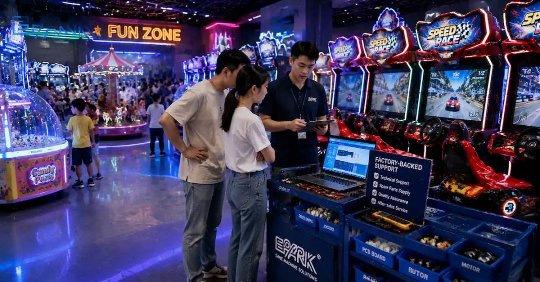 Factory-backed arcade machine service scene