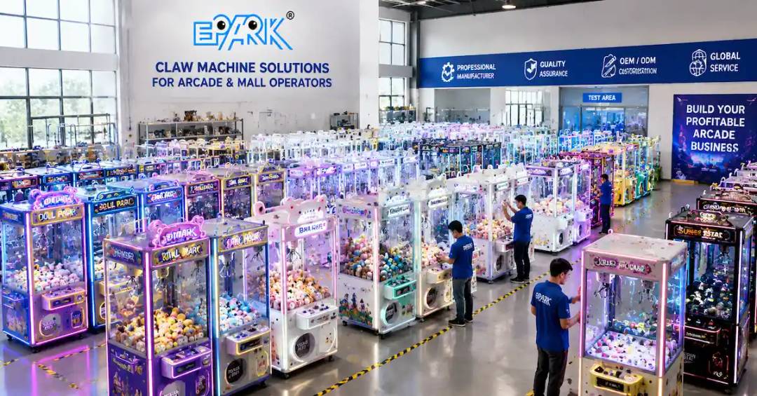 Claw machine factory showroom scene