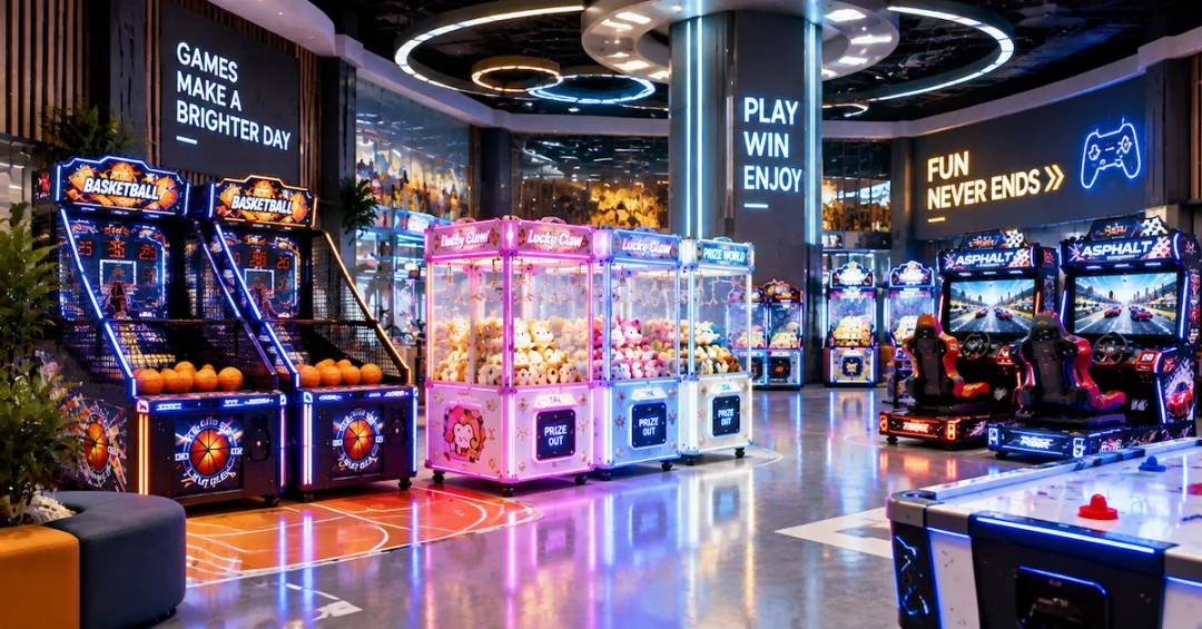 Arcade game machines in modern FEC showroom