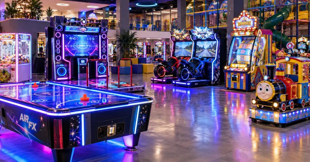 Custom arcade machines in a vibrant FEC venue